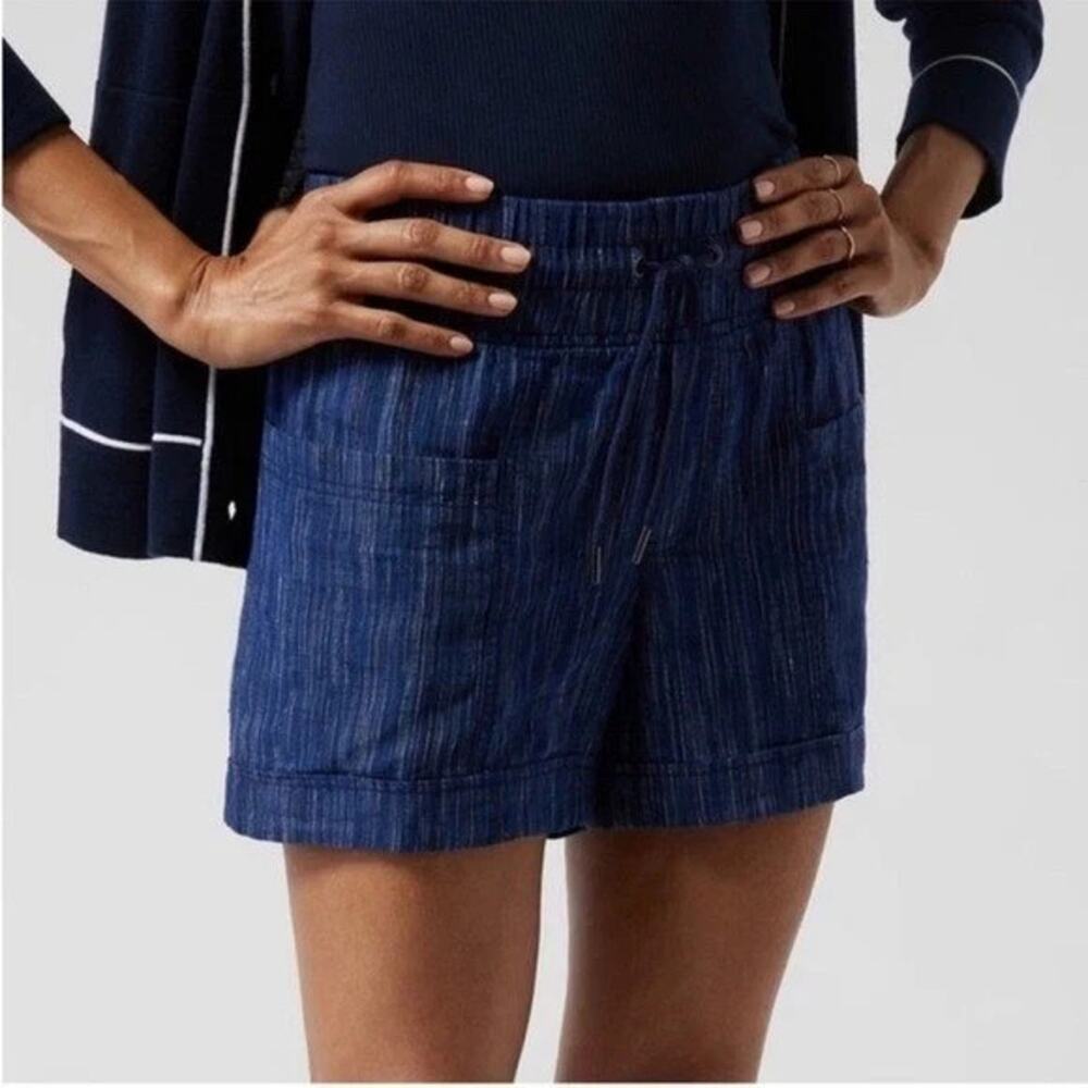 Athleta Cabo Linen Shorts Blue 2 Textured High Rise Elastic Waist Drawstring 4"